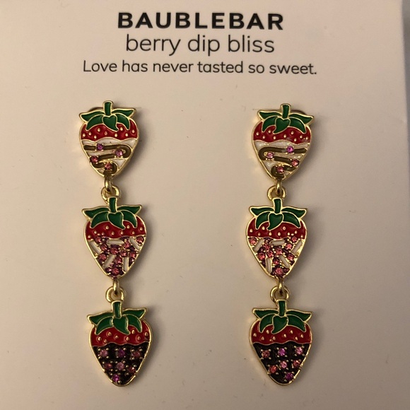 BaubleBar Jewelry - BaubleBar Berry Dip Bliss Triple Drop Strawberry Earrings Crystal Accents NIB